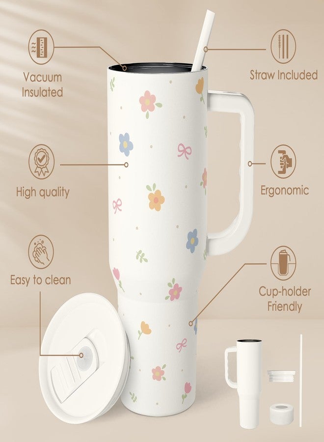 SANDJEST Floral 40oz Slider Tumbler with Handle and Straw - Insulated Stainless Steel Travel Coffee Mug for Women Girls, Gift for Birthday Christmas - Image 2
