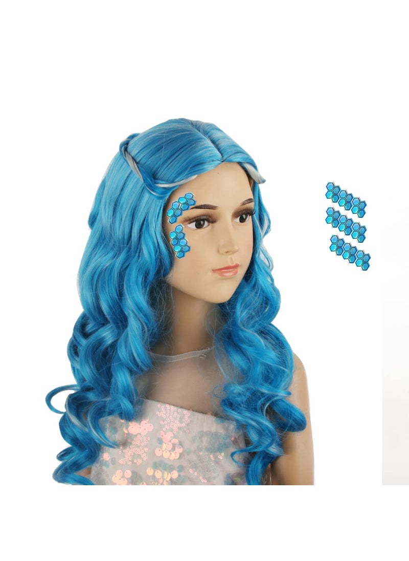 Coraline Long Light Blue Wig Cute Loose Curly Wigs kids Halloween Party Costume 