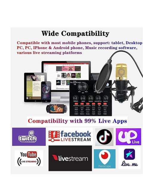 Microphone,Live Sound Card & BM800 Suspension Microphone Kit Broadcasting Recording Condenser Microphone Set Intelligent Volume Audio Mixer Sound Card for Computer PC Live Sound