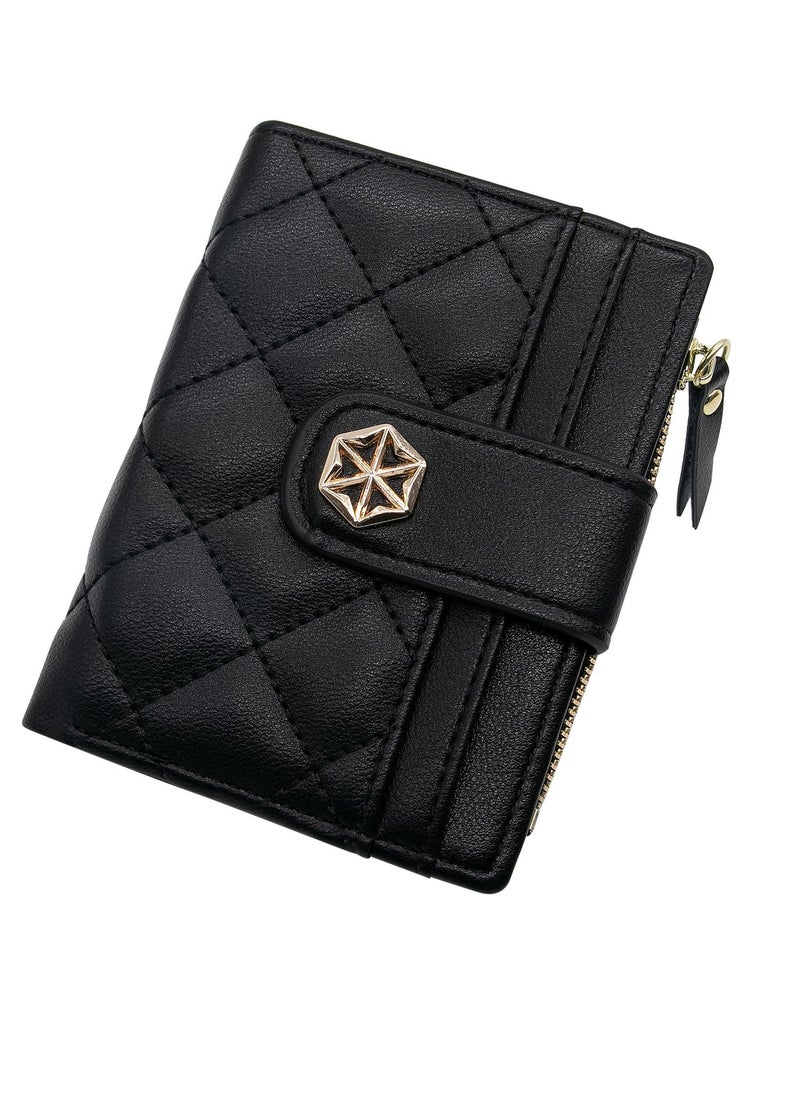 Excefore Women's Wallet Card Holder, Small Bifold RFID Blocking Purse, Short Quilted Leather Pocket for Women, Girls, Ladies (Black)  - Image 1
