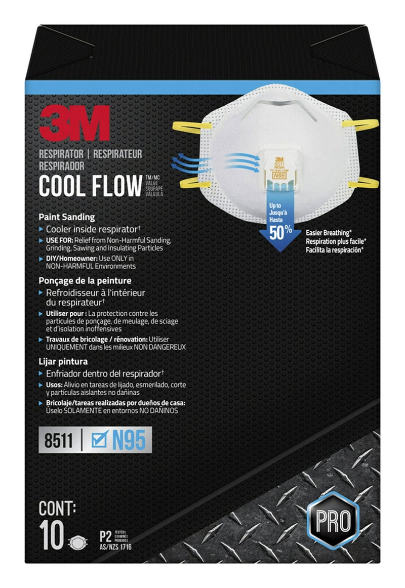 3M N95 Respirator 8511, Cool Flow Valve, 10 Pack, NIOSH-APPROVED, Advanced Filter Media For Easy Breathing, Comfortable For Long Periods Of Wear, Helps Filter Pollen, Mold Spores & Dust (8511PB1-A-PS) - Image 1