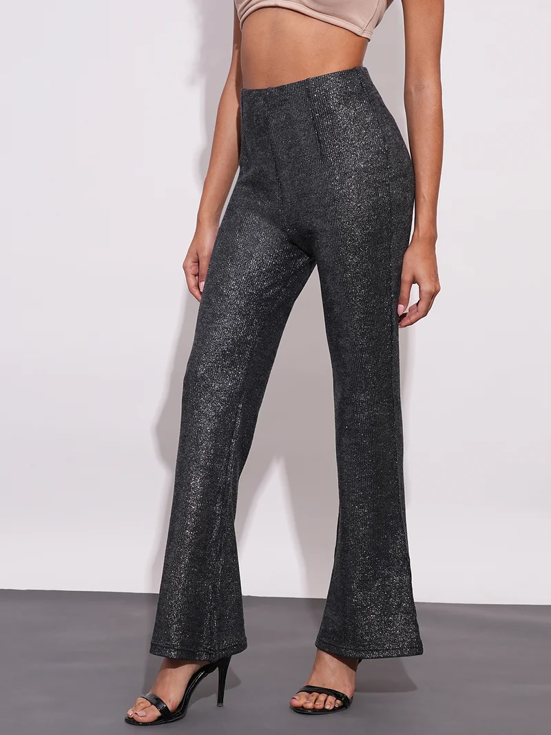 globus Globus Women Sheen Self Design High-Rise Flared Party Treggings