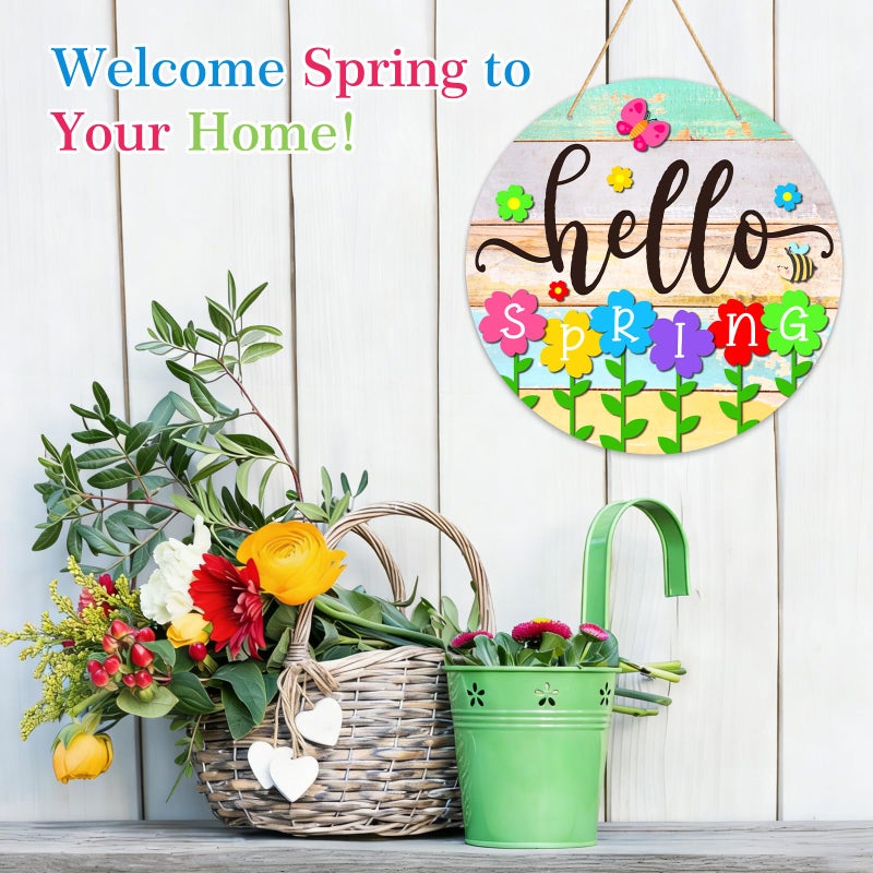 PETCEE Hello Spring Door Sign - 11.5" Colorful Flowers Spring Sign for Front Door Welcome Spring Decoration Wreath Farmhouse Welcome Spring Hanging Sign for Home Door Wall Porch Indoor Outdoor Decor - Image 4