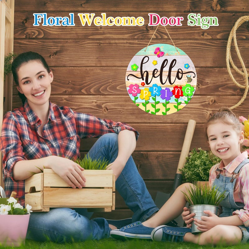 PETCEE Hello Spring Door Sign - 11.5" Colorful Flowers Spring Sign for Front Door Welcome Spring Decoration Wreath Farmhouse Welcome Spring Hanging Sign for Home Door Wall Porch Indoor Outdoor Decor - Image 2