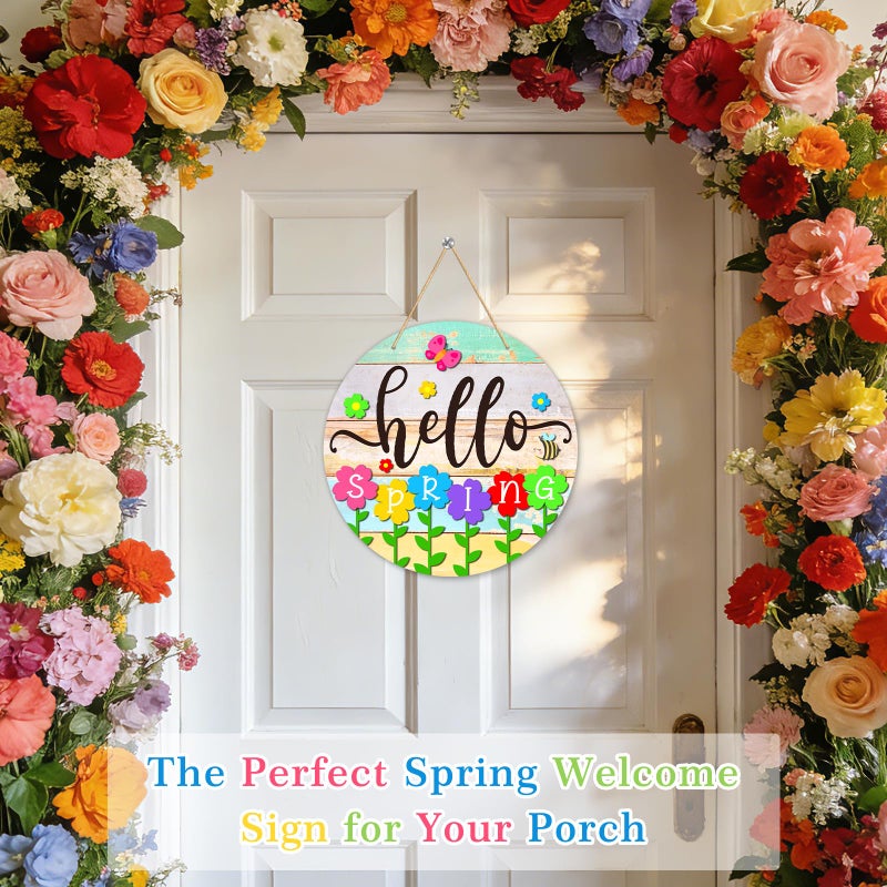 PETCEE Hello Spring Door Sign - 11.5" Colorful Flowers Spring Sign for Front Door Welcome Spring Decoration Wreath Farmhouse Welcome Spring Hanging Sign for Home Door Wall Porch Indoor Outdoor Decor - Image 5
