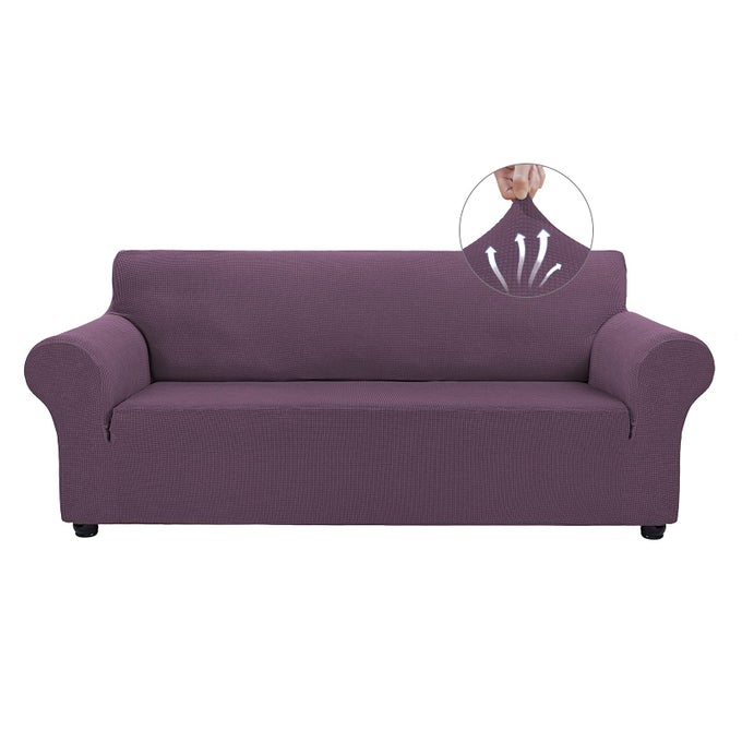 COUCH COVERS FOR 3 CUSHION COUCH STRETCH SOFA COVERS SLIPCOVERS PET PROTECTOR FURNITURE COVERS FOR DOGS CATS SPANDEX JACQUARD FABRIC SMALL CHECKS LARGEGRAY PURPLE