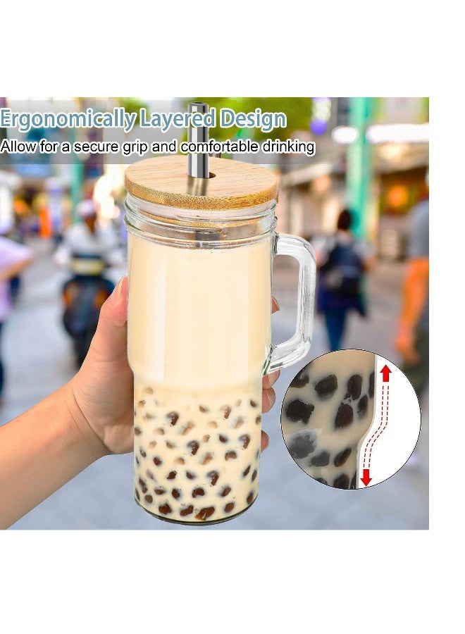 Glass Cups with Bamboo Lids and Straws, Tumbler Cups with Handle 24oz, Reusable Mason Jar with Lid-Wide Mouth Drinking Glasses, Boba Cup Smoothie Tumbler Iced Coffee Cup Travel Cups  - Image 1