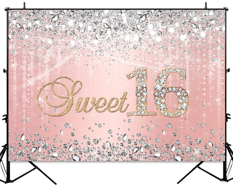 Sensfun Sweet 16 Birthday Backdrop Rose Gold Princess Sweet Sixteen Photography Background Silver Diamond Bokeh Glitter Spots Pink Girls Happy 16th Birthday Party Decorations Cake Table Banner 7x5ft - Image 5