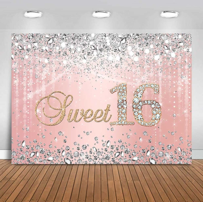 Sensfun Sweet 16 Birthday Backdrop Rose Gold Princess Sweet Sixteen Photography Background Silver Diamond Bokeh Glitter Spots Pink Girls Happy 16th Birthday Party Decorations Cake Table Banner 7x5ft - Image 4