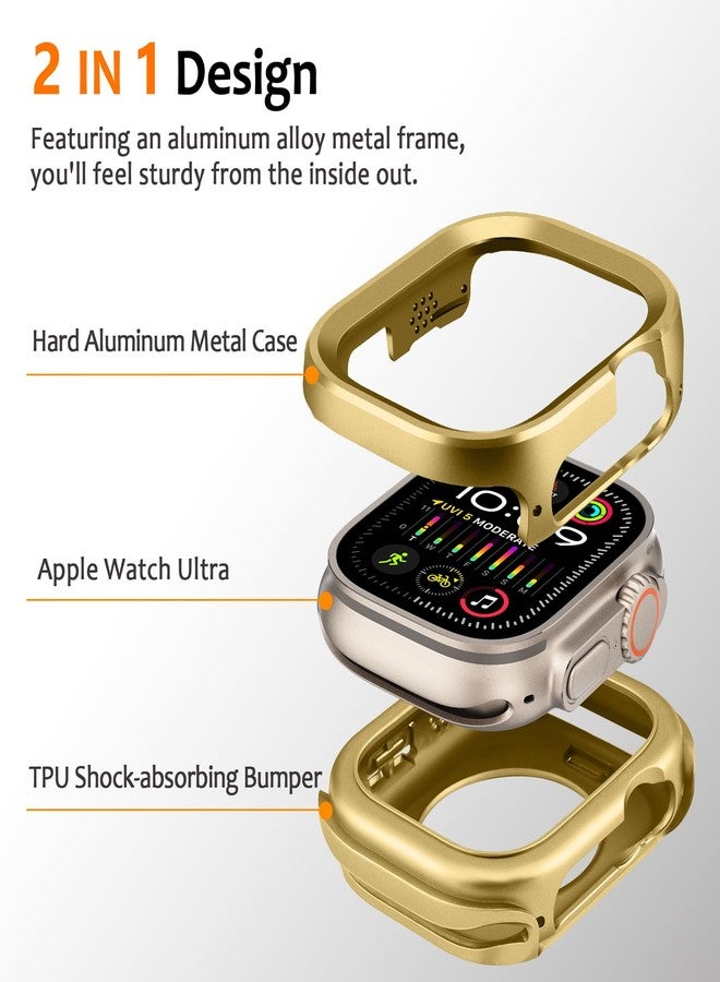 Amizee 2 in 1 Sturdy Metal Case Compatible with Apple Watch Ultra 3/2/1 Case 49mm, Shockproof Protective Bumper Case Compatible with iWatch 49mm,Gold - Image 2