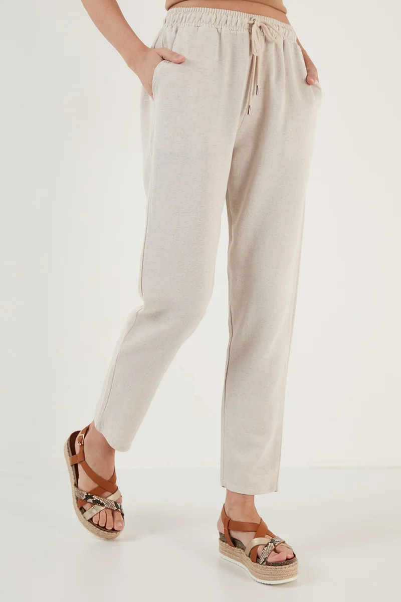 Lela Cotton and Linen Blended High Waist Relaxed Cut Pocket Trousers Women's Trousers 5865019
