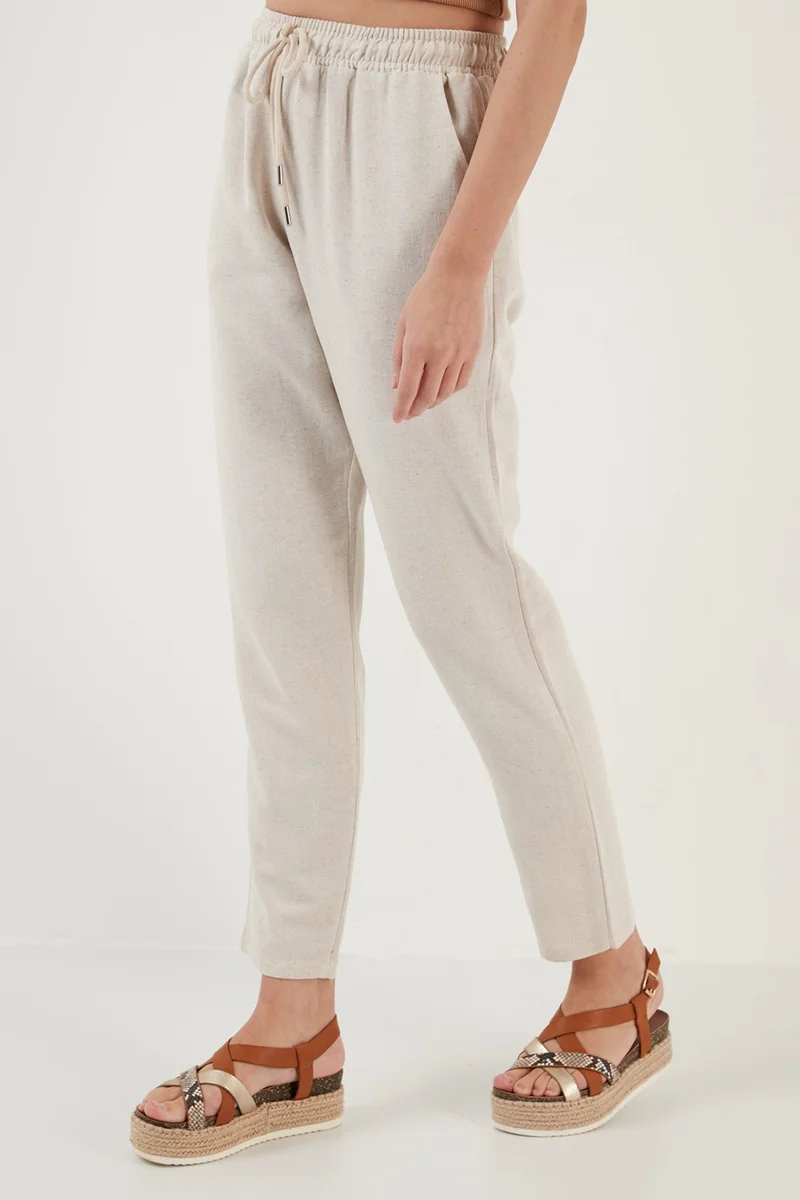 Lela Cotton and Linen Blended High Waist Relaxed Cut Pocket Trousers Women's Trousers 5865019