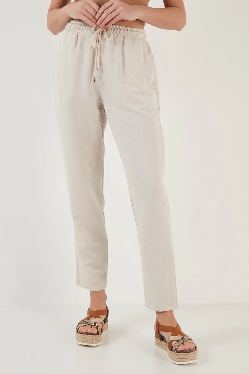 Lela Cotton and Linen Blended High Waist Relaxed Cut Pocket Trousers Women's Trousers 5865019