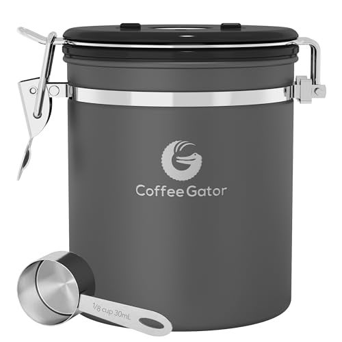 Coffee Gator Stainless Steel Canister  Medium 16oz Gray Coffee Grounds and Beans Container with DateTracker CO2Release Valve and Measuring Scoop  Ideal Coffee Lovers Gifts