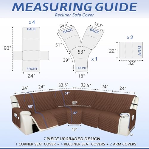 Arfntevss Recliner Sectional Couch Covers 1OO Waterproof L Shape Sofa Cover for Reclining L Shaped Sectional Slipcover Set for Dog Washable Corner Non Slip Furniture Protector 5 Seater Coffee - Image 3
