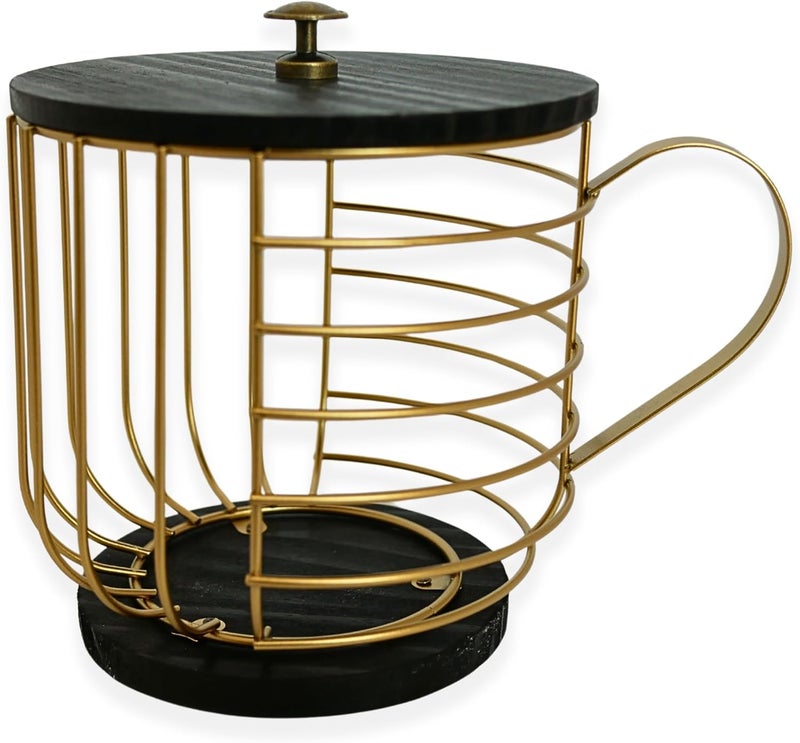 FIVE TWENTY CO. Large Coffee Pod Holder – Compatible w/KCup Pods and Capsules - Gold Metal K Cup Holder - Cute Coffee Pod Basket w/Wooden Lid - Coffee Pod Storage - Coffee Bar Decor (Black & Gold, Large) - Image 1