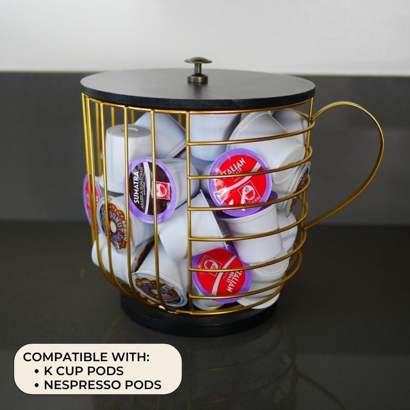 FIVE TWENTY CO. Large Coffee Pod Holder – Compatible w/KCup Pods and Capsules - Gold Metal K Cup Holder - Cute Coffee Pod Basket w/Wooden Lid - Coffee Pod Storage - Coffee Bar Decor (Black & Gold, Large) - Image 2