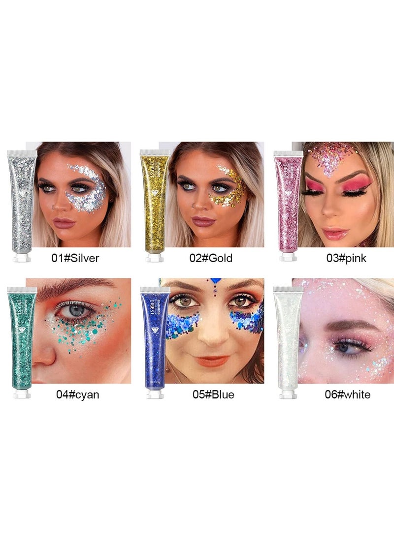 Excefore - 6 Pack Body Glitter Gel Face Glitter for Body, Face, Eye, Hair, Nails Glitter Makeup Liquid Long Lasting Sparkling Mermaid Chunky Glitter Gel for Festival Art Party - Image 1
