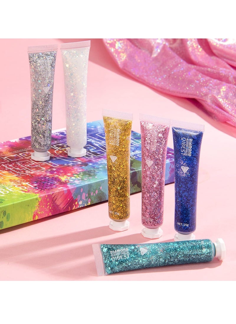 Excefore - 6 Pack Body Glitter Gel Face Glitter for Body, Face, Eye, Hair, Nails Glitter Makeup Liquid Long Lasting Sparkling Mermaid Chunky Glitter Gel for Festival Art Party - Image 1