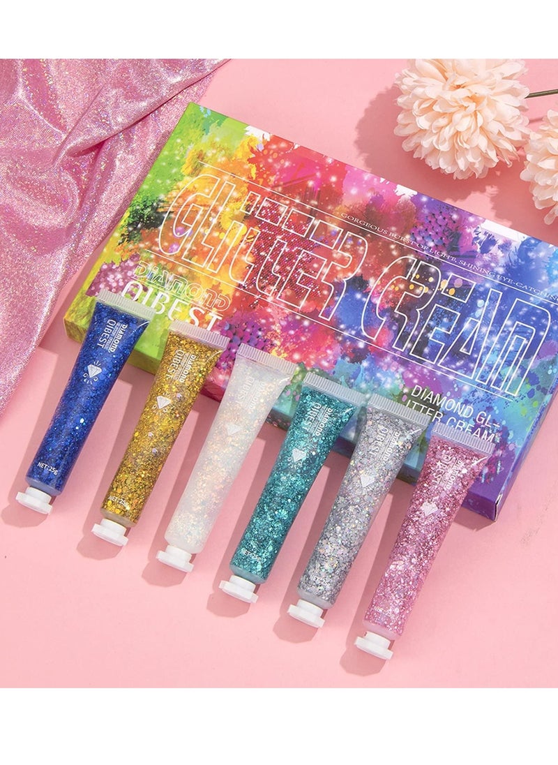 Excefore - 6 Pack Body Glitter Gel Face Glitter for Body, Face, Eye, Hair, Nails Glitter Makeup Liquid Long Lasting Sparkling Mermaid Chunky Glitter Gel for Festival Art Party - Image 1