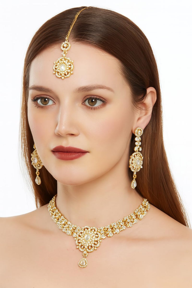 Touchstone Indian jewelry sets for women gold wedding tikka necklace set guest costume fancy bridal jewellery rhinestone crystal elegant formal prom evening wear dainty accessories - Image 2