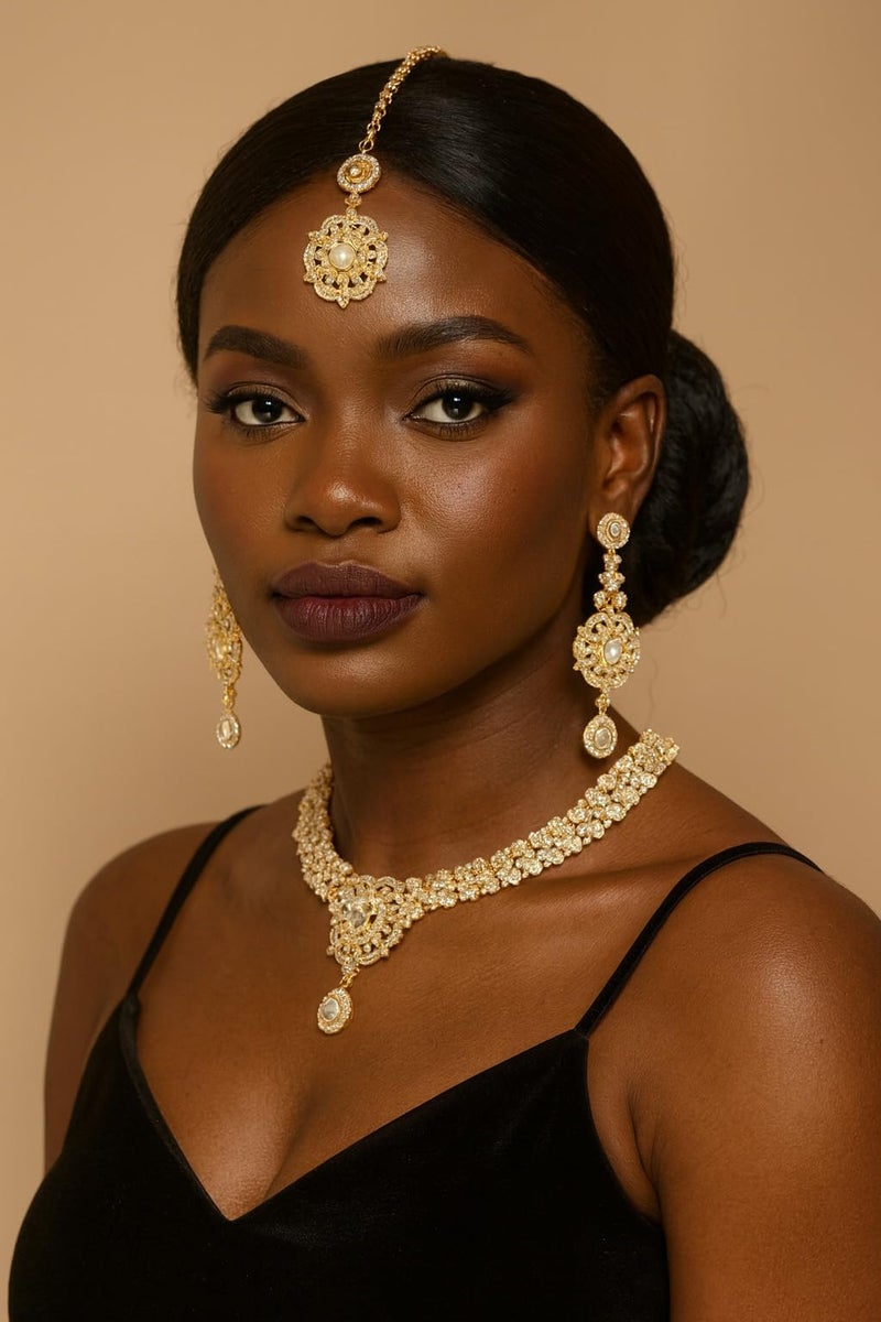 Touchstone Indian jewelry sets for women gold wedding tikka necklace set guest costume fancy bridal jewellery rhinestone crystal elegant formal prom evening wear dainty accessories - Image 3