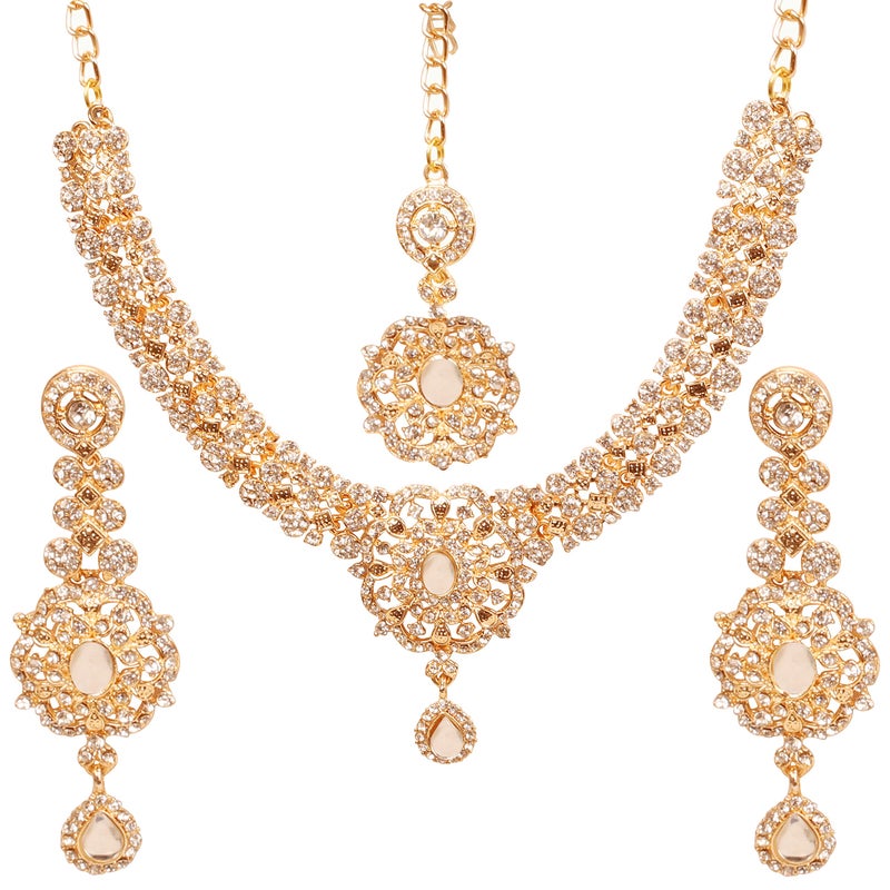 Touchstone Indian jewelry sets for women gold wedding tikka necklace set guest costume fancy bridal jewellery rhinestone crystal elegant formal prom evening wear dainty accessories - Image 1