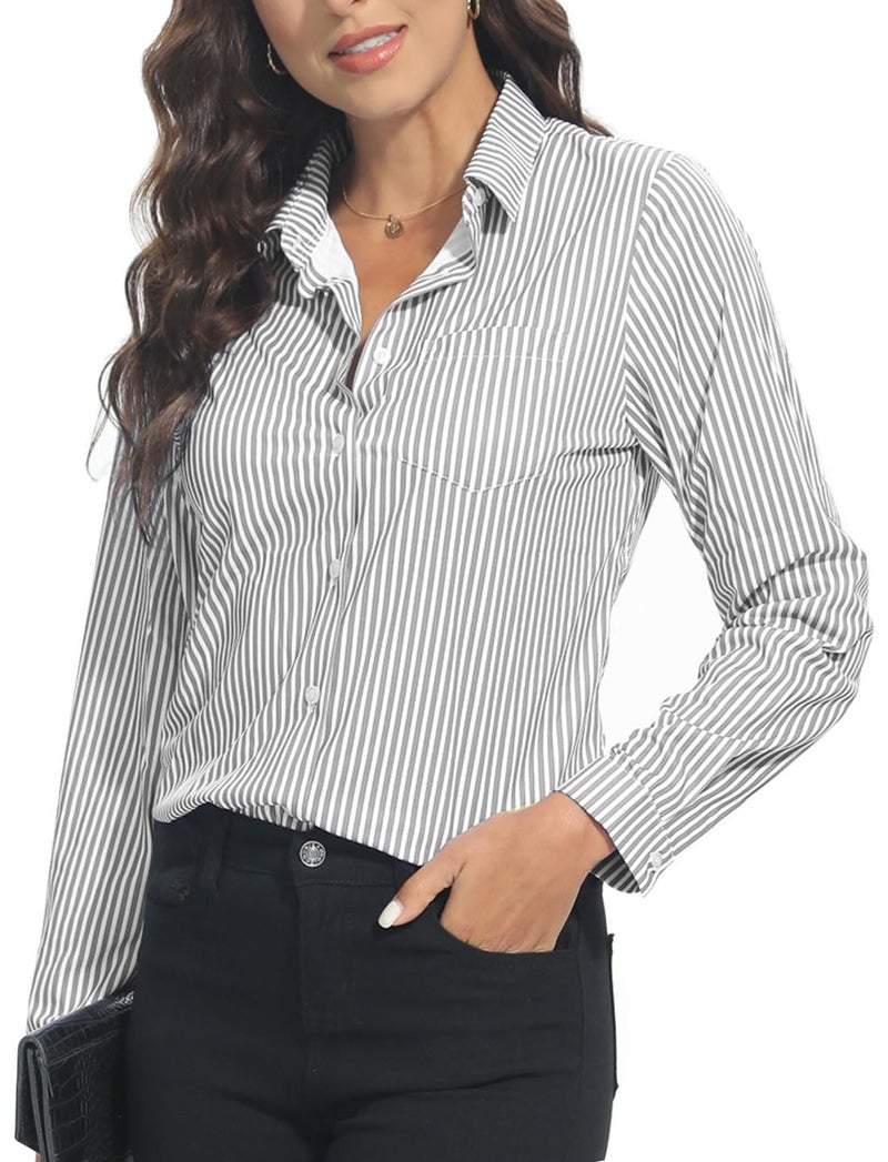 COUXILY Womens Striped Button Down Shirts Classic Fit Long Sleeve Collared Office Work Blouses Tops Wrinkle Free (White Black Stripe, M) - Image 3