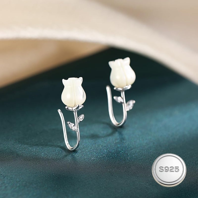 Reffeer Solid 925 Sterling Silver Flower Crawler Cuff Earrings Wraps for Women Teen Girls Flower Wrap Earrings Climber (A-Silver) - Image 4