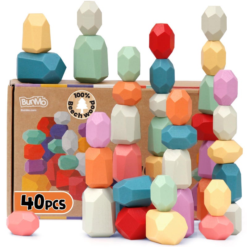 BUNMO 40pcs Wooden Stacking Blocks - Montessori Toys 3 Years Old - Educational Building Blocks for Fine Motor Skills - Fun Stacking Toys for 3+ Years Old Boys and Girls - Round Edges (Non Mouthable) - Image 1