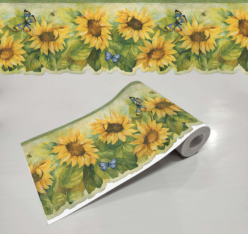 WallDesign Sunflower & Butterflies Leafy Print Design & Contour Cut Wallpaper Border Sticker for Stylish Wall, Ceiling, Floor Skirting Decoration - 5.25 Inch Width x 5 Feet Length - Image 1