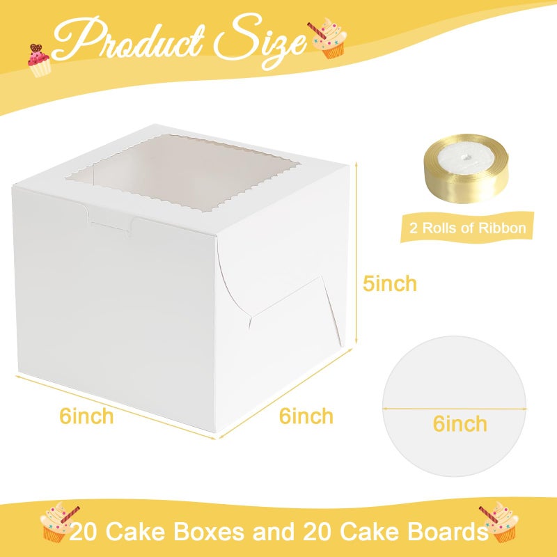 Retainbre 40pcs 6x6x5 Inch Mini Cake Boxes with Cake Boards Small Bakery Boxes with Window 6 Inch Bento Cake Box for Cookie Pastry Wedding Birthday Party Christmas (20 Boxes and 20 Boards, White) - Image 3