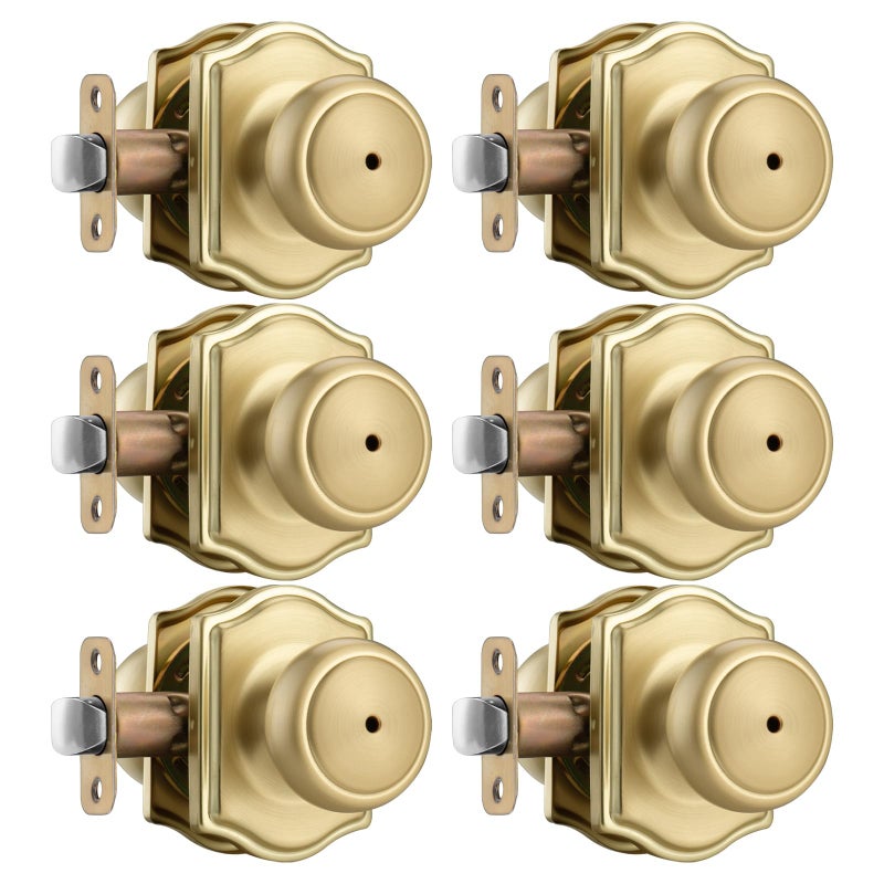 Ncsen 6 Pack Gold Door Knobs With Camelot Trim Interior Door Knob With Lock Coastal Privacy Door Knob For Bath And Bedroom  Satin Brass - Image 1