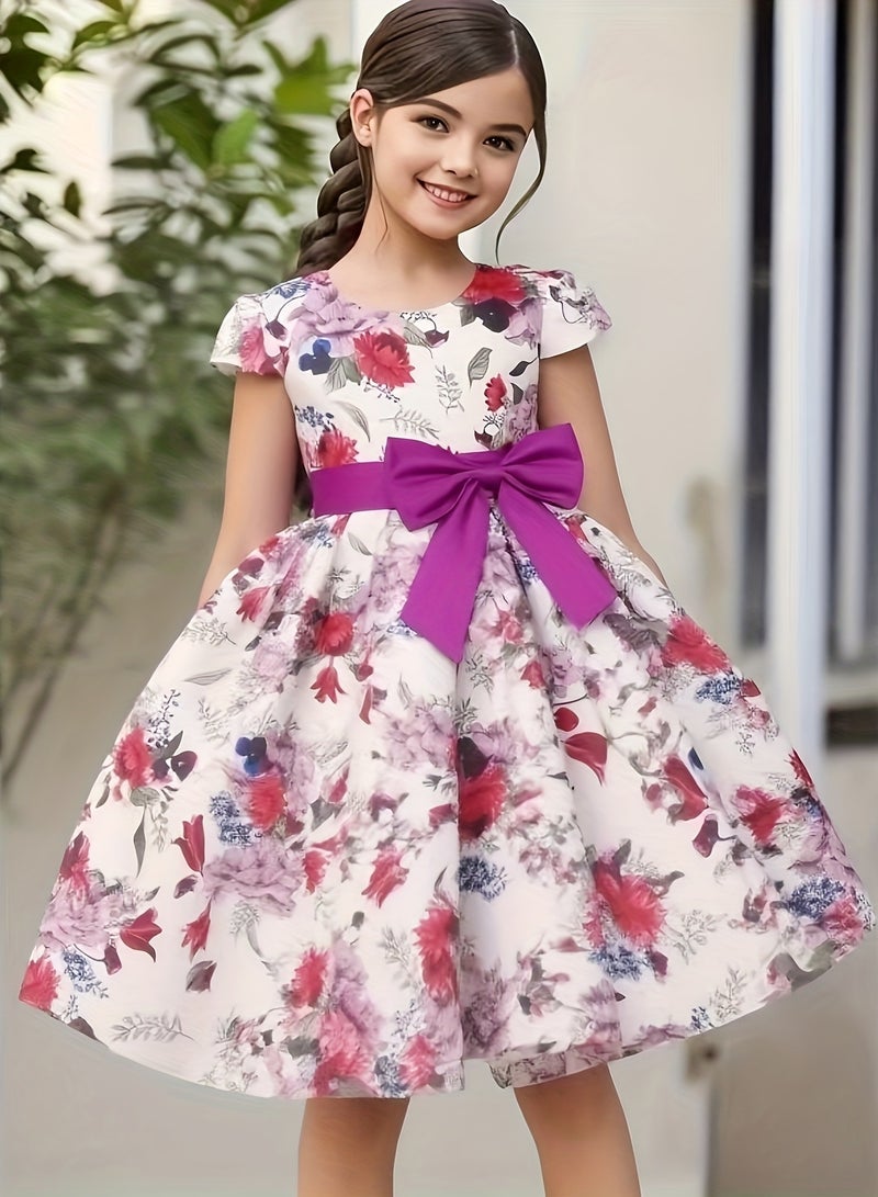 Girls' Floral Princess Dress with Bowknot – Elegant Short Sleeve Party Dress for Kids, Princess Dresses for Girls, Birthday Dress, Tulle Dress, Girls Frock, Kids Girl Dress – Dark Violet - Image 1