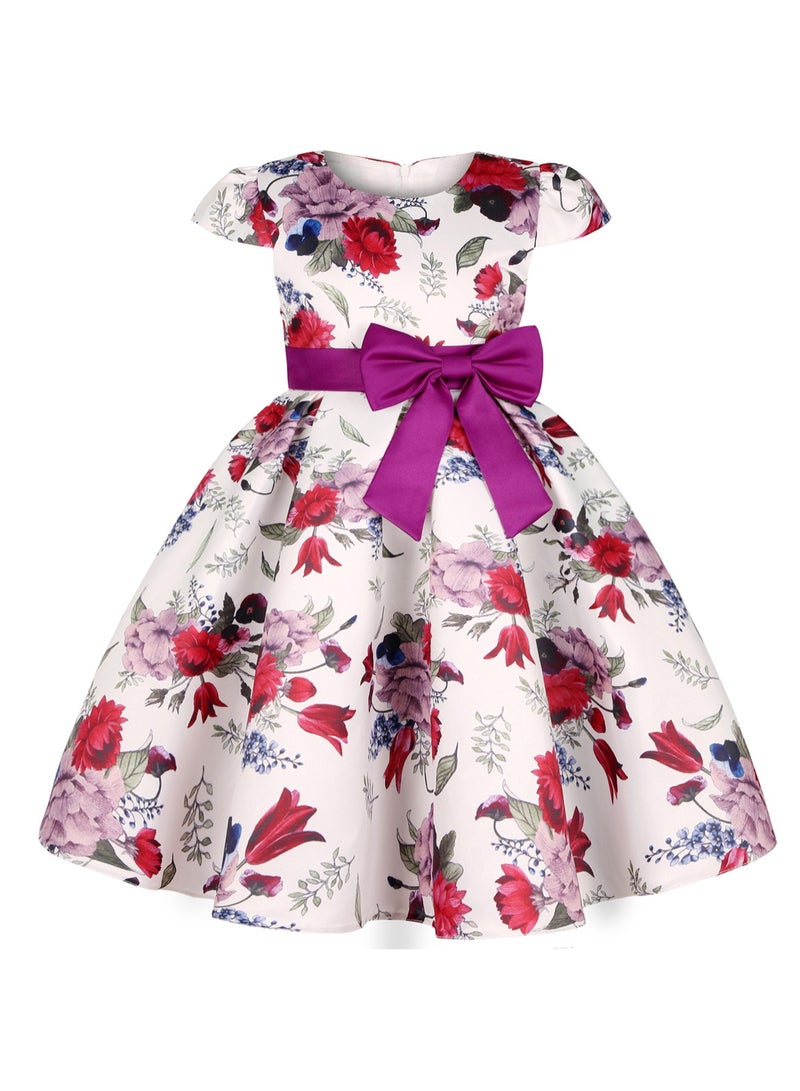 Girls' Floral Princess Dress with Bowknot – Elegant Short Sleeve Party Dress for Kids, Princess Dresses for Girls, Birthday Dress, Tulle Dress, Girls Frock, Kids Girl Dress – Dark Violet - Image 2