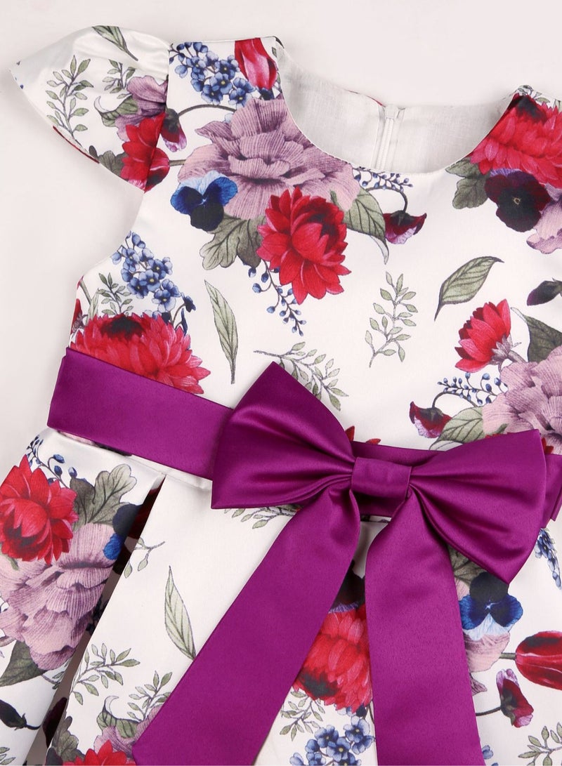 Girls' Floral Princess Dress with Bowknot – Elegant Short Sleeve Party Dress for Kids, Princess Dresses for Girls, Birthday Dress, Tulle Dress, Girls Frock, Kids Girl Dress – Dark Violet - Image 3