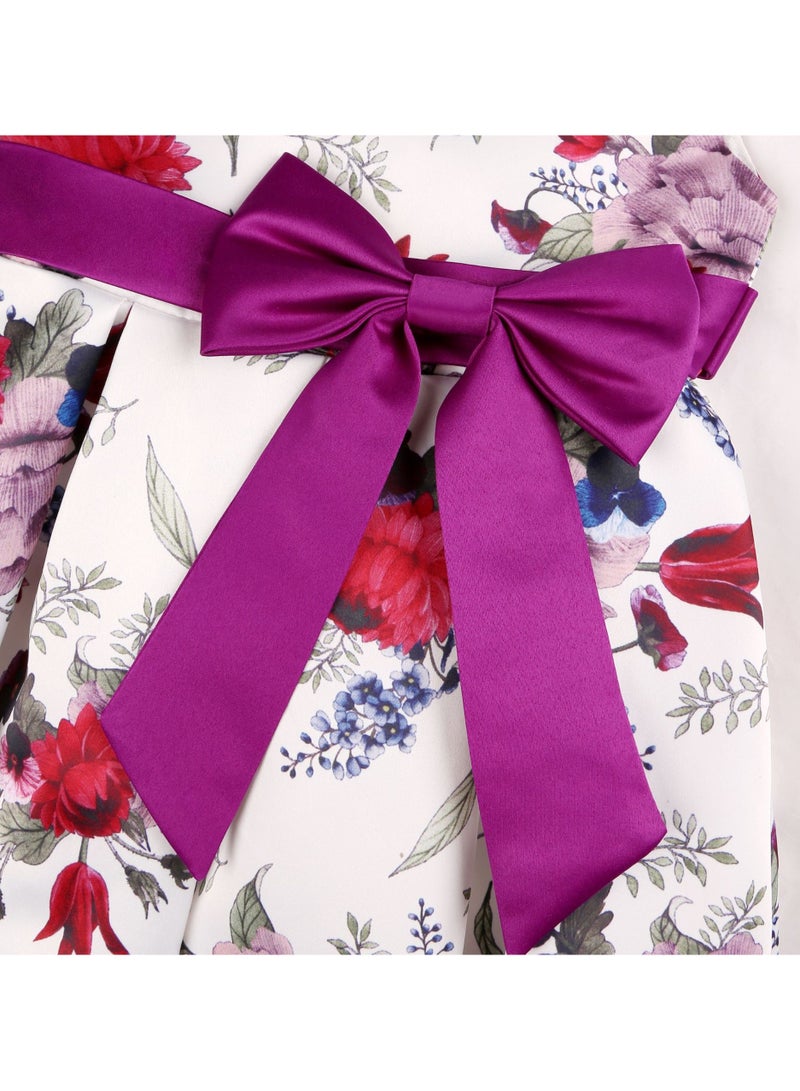 Girls' Floral Princess Dress with Bowknot – Elegant Short Sleeve Party Dress for Kids, Princess Dresses for Girls, Birthday Dress, Tulle Dress, Girls Frock, Kids Girl Dress – Dark Violet - Image 5