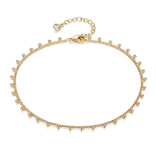 LOYATA Dainty Ankle Bracelet,14K Gold Plated Tiny Bead Anklet Dainty White Cubic Zirconia Cross Tassel Foot Chain Cute Lucky Moon Evil Eye Foot Jewelry Boho Anklets for Women (Bead A) - Image 1