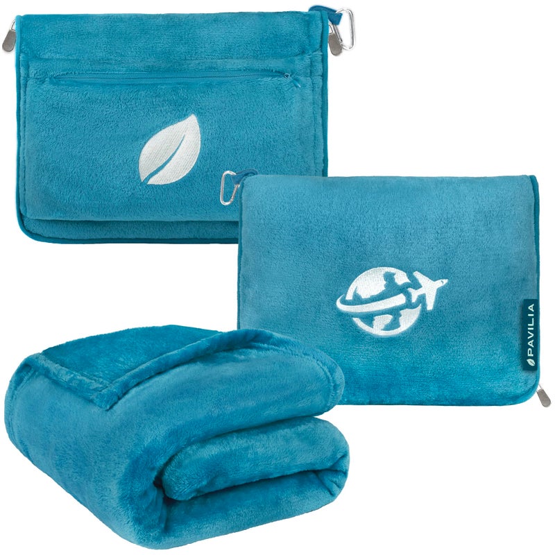 PAVILIA PAVILIA Travel Blanket and Pillow Arms Opening Airplane Blankets for Adults Compact Plane Blanket with Arm Hole 2in1 Bag for Flight Car Camping Fit in Luggage Backpack Traveler Gift Teal Blue 