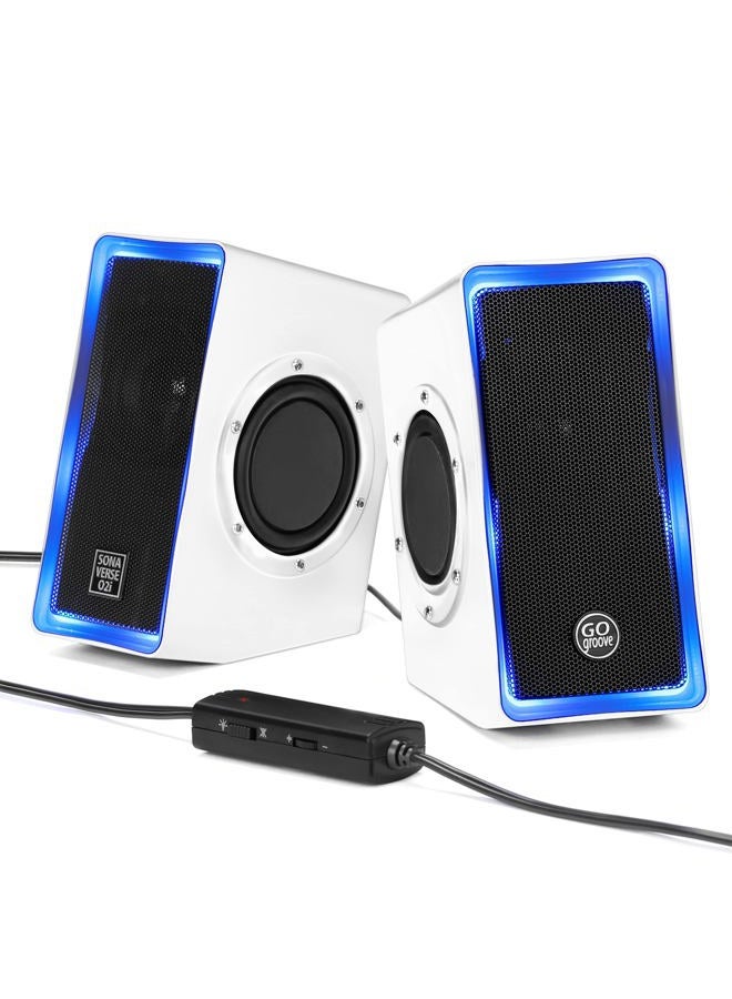 GoGroove PC Computer USB Powered Speakers w/ 3.5mm AUX Input - SonaVERSE O2i (White) - 2.0 Channel Dual Passive Bass Woofers, Built-in Volume Dial, Sleek LED Accent Lights Ideal for Gaming Rigs - Image 1