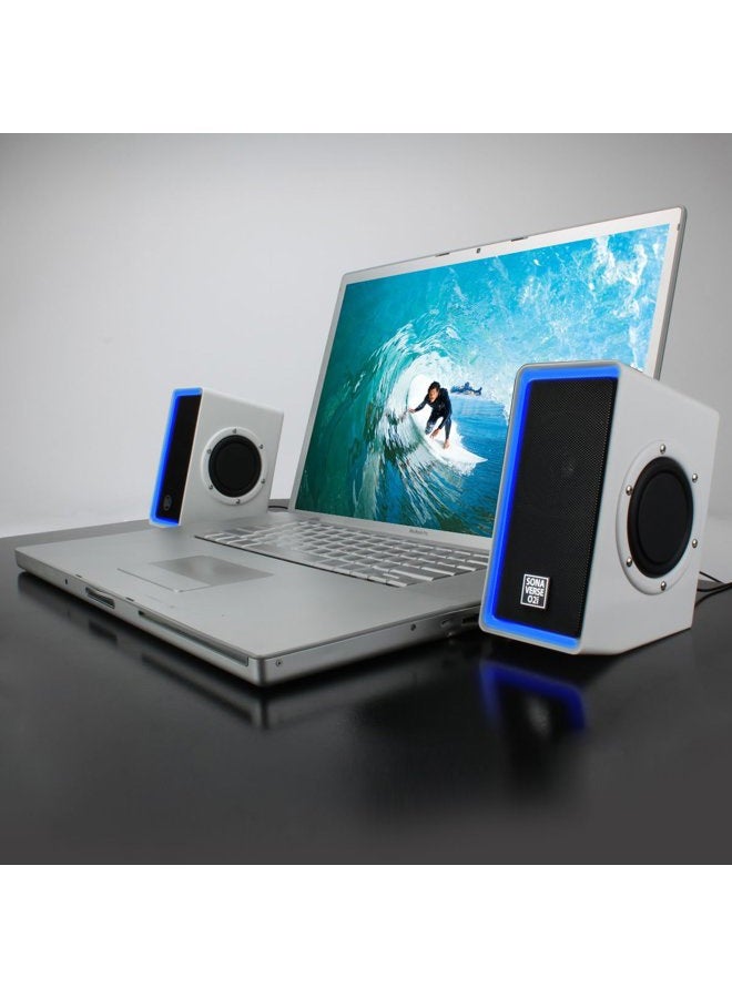 GoGroove PC Computer USB Powered Speakers w/ 3.5mm AUX Input - SonaVERSE O2i (White) - 2.0 Channel Dual Passive Bass Woofers, Built-in Volume Dial, Sleek LED Accent Lights Ideal for Gaming Rigs - Image 5