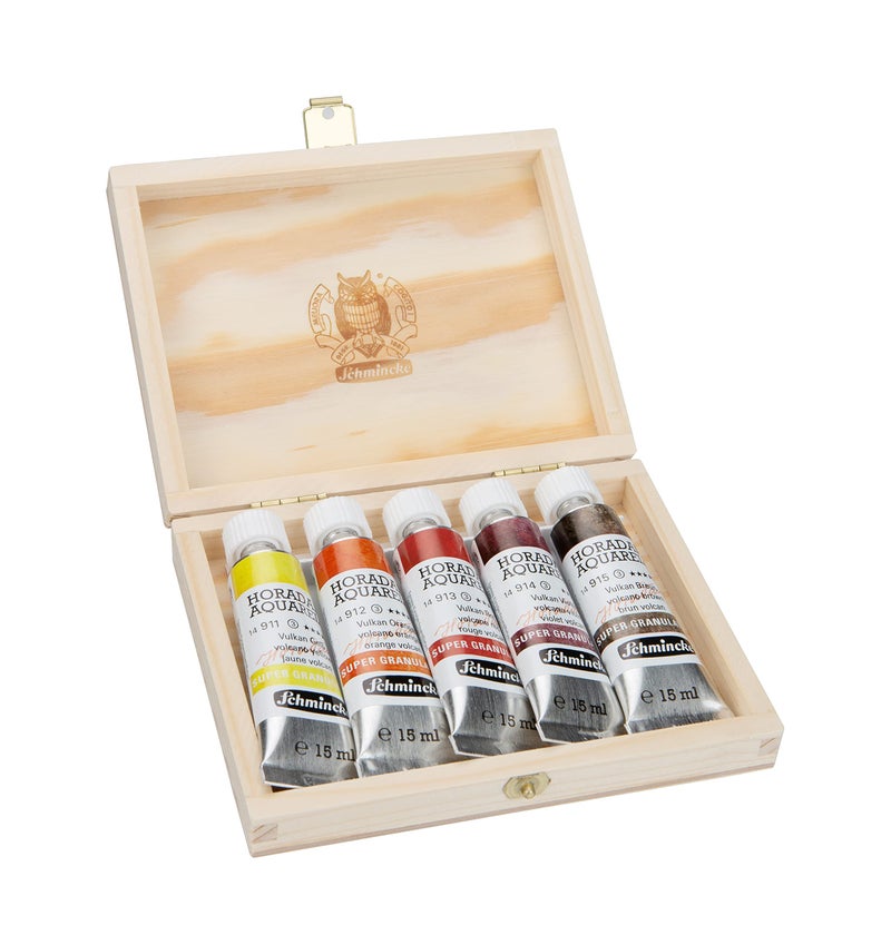 Schmincke - HORADAM® AQUARELL, Super-Granulation Set Volcano, 5 x 15 ml tubes, 74 868 097, wooden box, very strong granulating colors, finest, supergranulating watercolors - Image 2