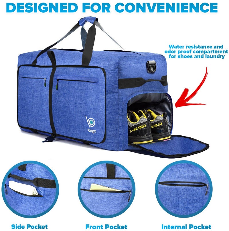 Bago Big XXL Foldable Duffel Bags for Traveling Women & Men - 140L Packable Duffle Bag for Travel with Shoe Compartment - Water Repellant, Heavy Duty, Lightweight Folding & Collapsible (SnowDepBlue) - Image 4