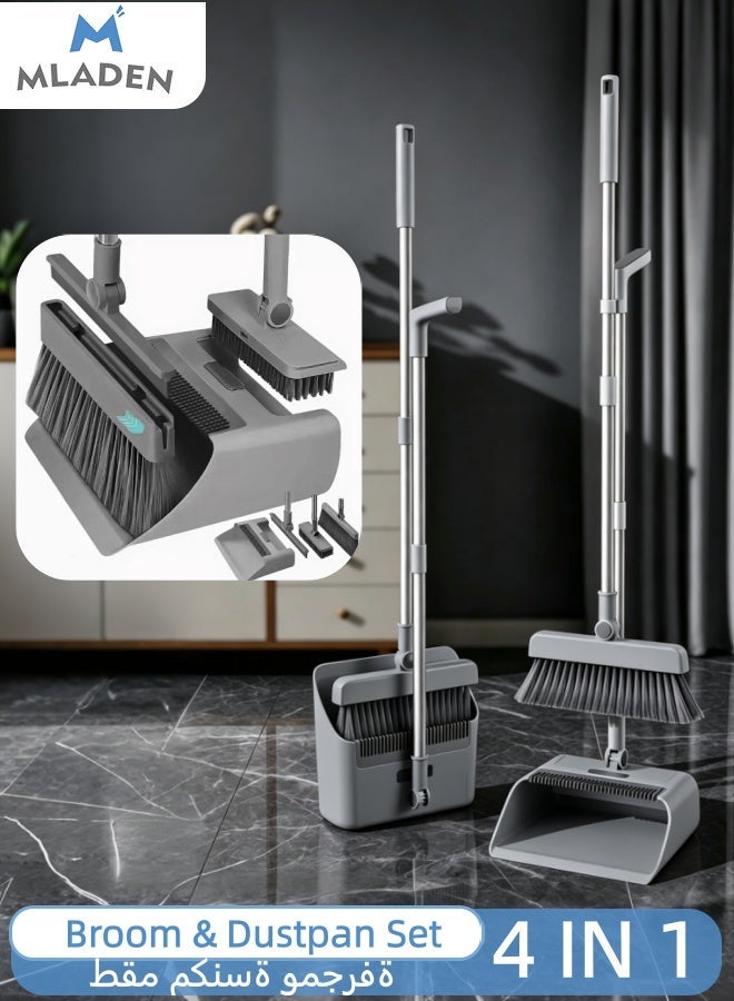 Poxvalzor Broom & Dustpan Combo Set, 4-in-1 Multifunctional Cleaning Tool with Long Handle, Concealed Squeegee & Floor Scrub Brush for Home, Kitchen, Bathroom, Office – Indoor/Outdoor Floor, Space-Saving, Durable, Easy Storage（Grey） - Image 1