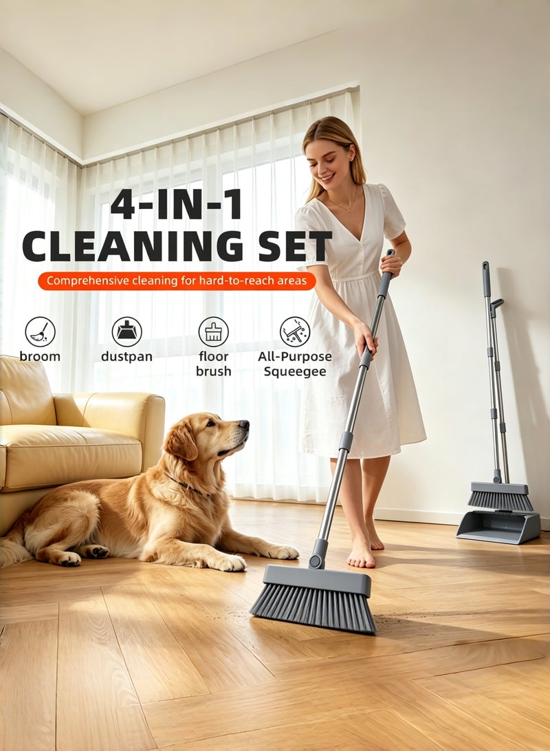 Poxvalzor Broom & Dustpan Combo Set, 4-in-1 Multifunctional Cleaning Tool with Long Handle, Concealed Squeegee & Floor Scrub Brush for Home, Kitchen, Bathroom, Office – Indoor/Outdoor Floor, Space-Saving, Durable, Easy Storage（Grey） - Image 3