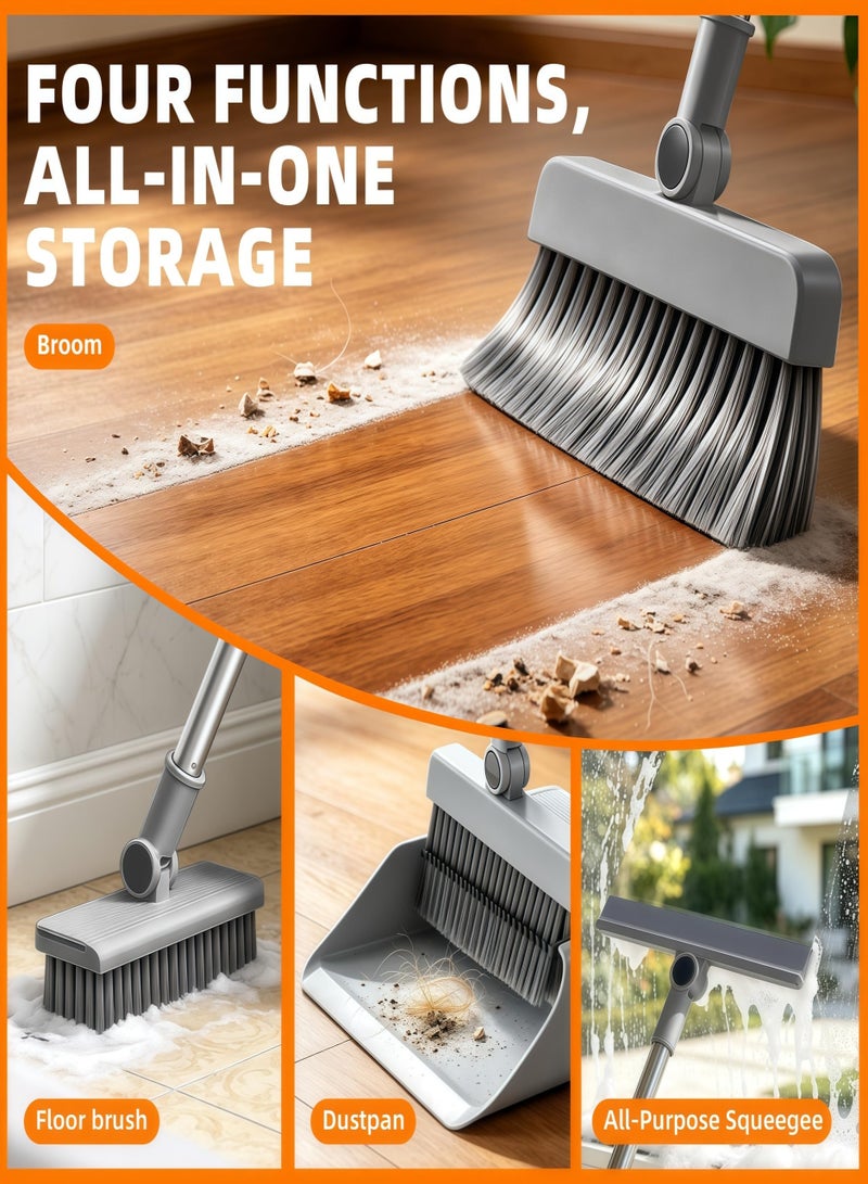 Poxvalzor Broom & Dustpan Combo Set, 4-in-1 Multifunctional Cleaning Tool with Long Handle, Concealed Squeegee & Floor Scrub Brush for Home, Kitchen, Bathroom, Office – Indoor/Outdoor Floor, Space-Saving, Durable, Easy Storage（Grey） - Image 4