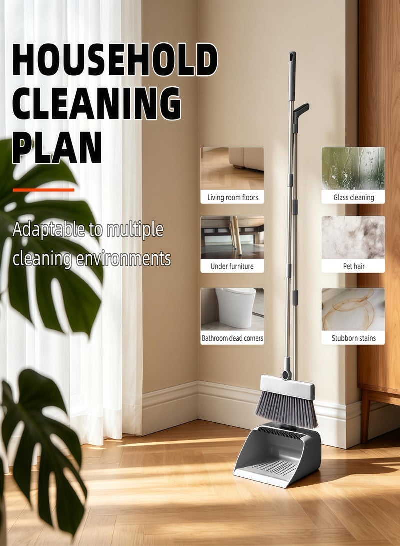 Poxvalzor Broom & Dustpan Combo Set, 4-in-1 Multifunctional Cleaning Tool with Long Handle, Concealed Squeegee & Floor Scrub Brush for Home, Kitchen, Bathroom, Office – Indoor/Outdoor Floor, Space-Saving, Durable, Easy Storage（Grey） - Image 5
