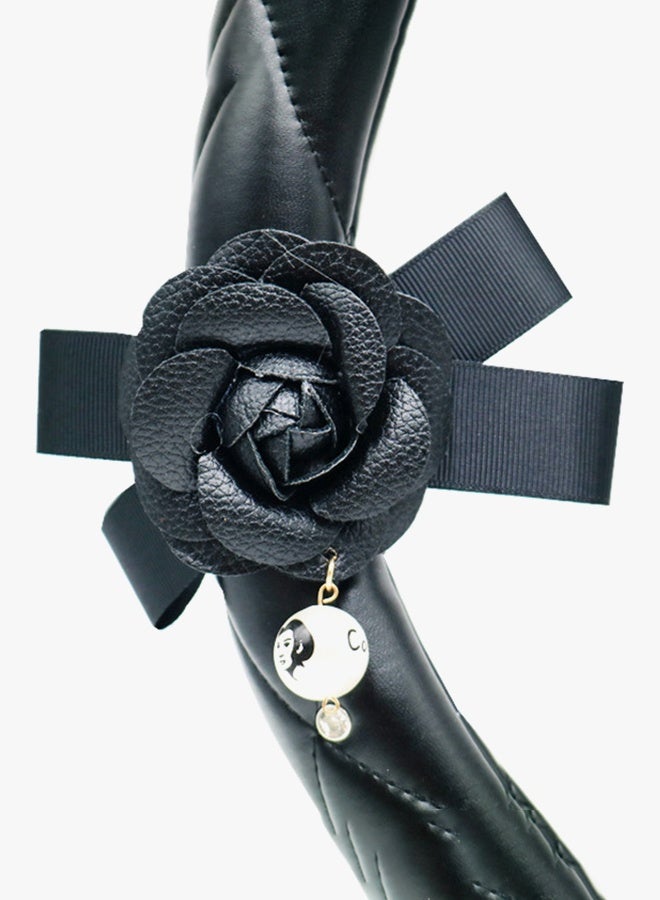 Diamond Inlaid Pearl Steering Wheel Cover, All Season Universal Steering Wheel Cover, Camellia Black Steering Wheel Cover - Image 3