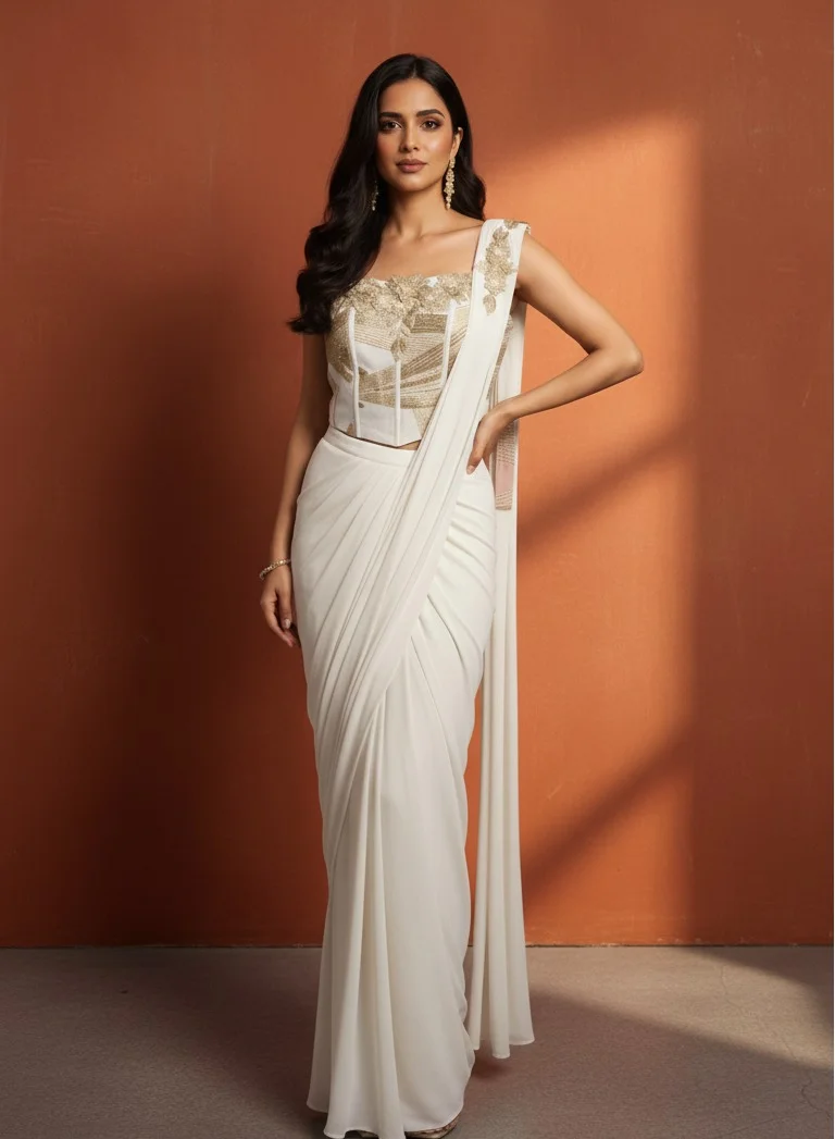 Lehar White Embroidered Corset Saree Set