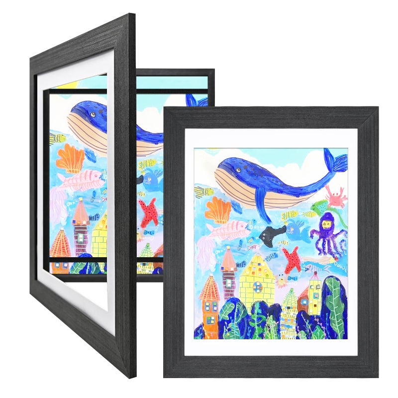 KINLINK 9x12 Kids Art Frames Set of 2  Solid Wood Kids Artwork Frames Changeable with Acrylic Front Opening Holds 150 Pictures  Art Frames for Kids Artwork with Mat or without Mat  Black - Image 1